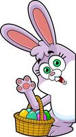 Funny Bunny Cartoon Character With Basket Of Easter Eggs Waving From The Corner vector