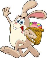 Easter Bunny Cartoon Character Running With A Basket And Eggs vector