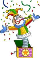Funny Jolly Jester Monkey Toy Cartoon Character Exit From Surprise Box vector