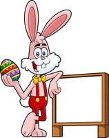 Easter Rabbit Cartoon Character With Colored Egg In Front Of A Wooden Blank Sign vector