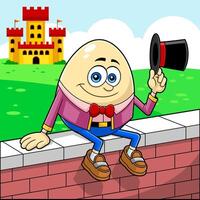Humpty Dumpty Egg Cartoon Character Sitting On Wall Waving Hat vector