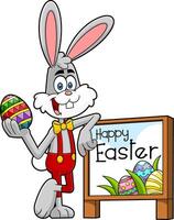 Easter Rabbit Cartoon Character With Colored Egg In Front Of A Wooden Text Sign vector