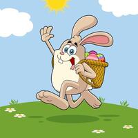 Easter Bunny Cartoon Character Running With A Basket And Eggs vector