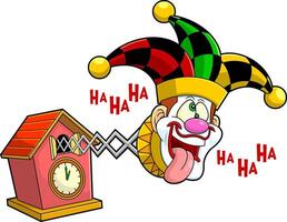 Funny Jolly Jester Toy Cartoon Character Exit From Cuckoo Birdhouse Clock vector