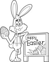 Outlined Easter Rabbit Cartoon Character With Colored Egg In Front Of A Wooden Text Sign vector