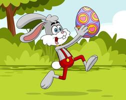 Happy Rabbit Cartoon Character Running With Colored Easter Egg vector