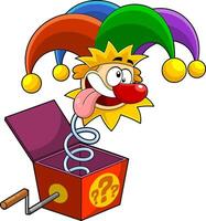 Funny Jolly Jester Cartoon Character Exit From Surprise Box vector