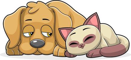 Funny Dog And Cat Cartoon Characters Sleeping Together vector