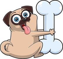 Funny Pug Dog Cartoon Character Holds A Big Bone vector