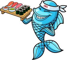 Fish Sushi Chef Cartoon Character Showing Sushi Set Japanese Seafood vector