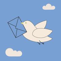 Flying post bird with a letter isolated on blue background. White dove with envelope. Air mail delivery symbol. vector