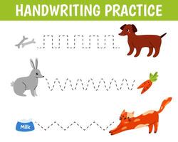 Worksheet for practicing fine kids motor skills. Handwriting practice. Educational game for kids. Insects. Dog, rabbit and cat. vector