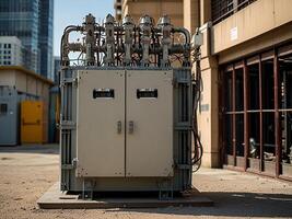 A transformer at an electrical substation. Transmission of electricity. photo