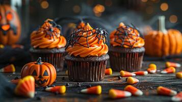 Halloween chocolate cupcakes with orange frosting and black spider web decorations, surrounded by candy corn. photo