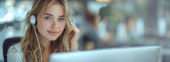 Young woman with headphones call center operator communicate with customer by phone in the modern office photo