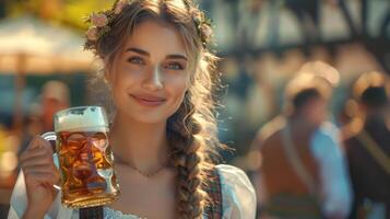 Young woman with braided hair and floral crown holds a beer mug, smiling joyfully at an outdoor festival in traditional attire. photo