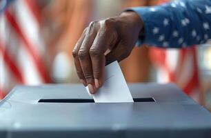 Hand placing a ballot into a box with American flags in the background, symbolizing voting photo