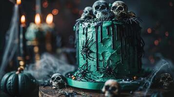 Spooky Halloween cake with green icing, black drips, decorative spiders, and skulls, in a dark atmosphere. photo