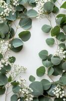 Serene arrangement of green eucalyptus leaves with delicate baby's breath flowers on white background, perfect for natural decor and botanical designs photo