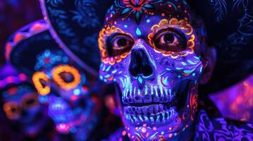 Vibrant Dia de los Muertos Celebration with Traditional Sugar Skull Face Paint and Intricate Patterns Glowing Under Neon Lights photo
