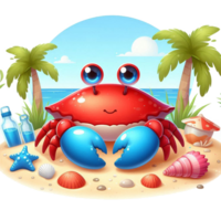 cartoon crab on the beach with shells and sea shells png