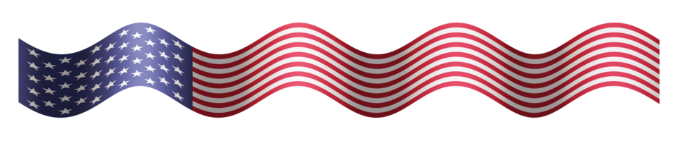 Dynamic, flowing American flag in a wavy form that makes it ideal as a header, footer or divider for patriotic-themed designs, advertisements, or web pages. USA flag on transparent background. 3D. png