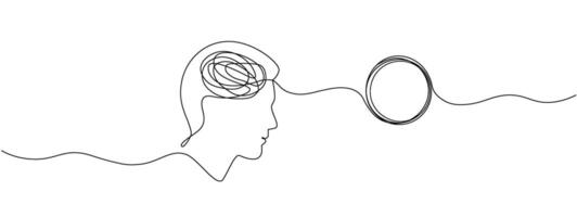 Head with tangled knot and unraveling thread of thoughts drawn in one continuous line. Concept of psychotherapy, mental health, problem solving . editable line illustration. vector