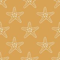 Seashells seamless pattern with starfish line art illustration on yellow background. Hand drawn sea star sketch, undersea drawing. Summer ocean beach print for background, textile, fabric, wrapping vector