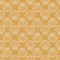 Underwater seamless pattern with seashell line art illustration in white color on yellow background. Scallop sketch, seashell line drawing. Summer beach ocean print for background, textile, fabric vector