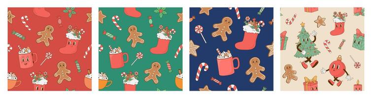 Set of retro Christmas seamless pattern. Vintage cartoon characters vector