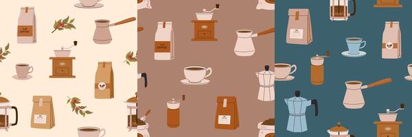 Set of coffee seamless pattern. Beans, grinder, espresso, cappuccino cup background for shop, cafe, menu, packing vector