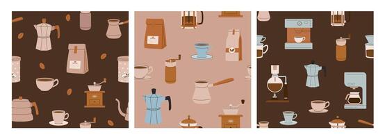 Set of coffee brew and accessory seamless pattern. Beans, espresso, cappuccino, latte cup background. illustration vector