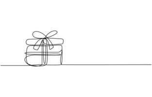 Continuous one line drawing of Present or gift box, Present box with ribbon and bow outine illustration, Single one line drawing open gift box vector