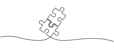 Two connected puzzles line art, Jigsaw pieces continuous one line drawing vector