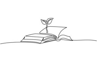 Opened book with sprout plant in one continuous line drawing, Education study and knowledge concept in simple linear style vector