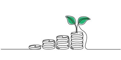 Coins stack with leaves branch continuous one line drawing Business investing concept, illustration isolated on white vector
