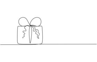 Continuous one line drawing of Present or gift box, Present box with ribbon and bow outine illustration, Single one line drawing open gift box vector