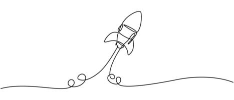 One continuous line drawing of simple retro spacecraft flying up to the outer space nebula, Rocket space ship launch into universe concept vector