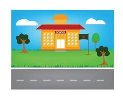 colegio edificio y vacío frente yarda con verde césped y arboles ciudad en antecedentes. vector
