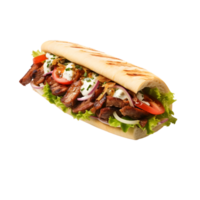 Doner kebab sandwich with beef, lettuce, tomato and sauce on transparent background png