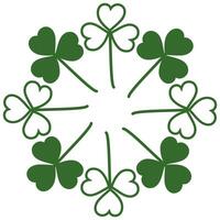 Silhouette and outline shamrocks in shape of circle in trendy green with copy space. Round frame. Isolated . Greeting cards, poster, banner, brochure, price tag, label or web, promo design idea vector