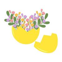 Eggshell part with floral bouquet inside in trendy soft hues. Spring or Easter composition Isolated on white illustration. Cards, posters, banners, brochure, price tag, label or web design idea vector