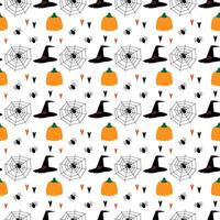 Halloween seamless pattern with pumpkins, cobwebs, spiders and decorative hearts in trendy shades. illustration Isolated on white. Wrapping, wallpaper, packing or web background texture idea vector