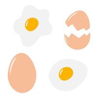 Whole row, eggshell and fried eggs with yolk Set of 4 Isolated. Culinary menu card, promo elements. illustration Flyers, posters, banner, brochures, price tag, leaflet, label or web, icon idea vector