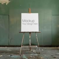 Mockup of a blank canvas on an easel in a grungy room psd