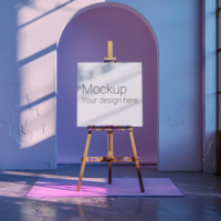 3d mockup of a canvas easel in a room with a window psd