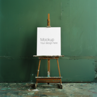 Mockup of a canvas on an easel in a room with a green wall psd