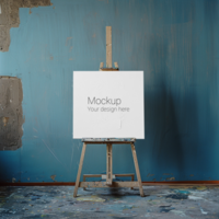Mockup of a canvas on an easel in a room with a blue wall psd