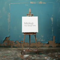 Mockup of a canvas on a easel in a room with a blue wall psd