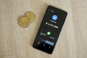 KYIV, UKRAINE - APRIL 20, 2024 Blum telegram bot on smartphone screen. Blum is a viral Telegram based crypto game for earn tokens by managing virtual crypto exchange photo